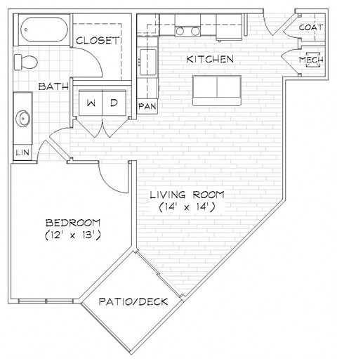 A6 719 Sq. Ft. Floor Plan at Piazza on West Pine, Saint Louis, 63108